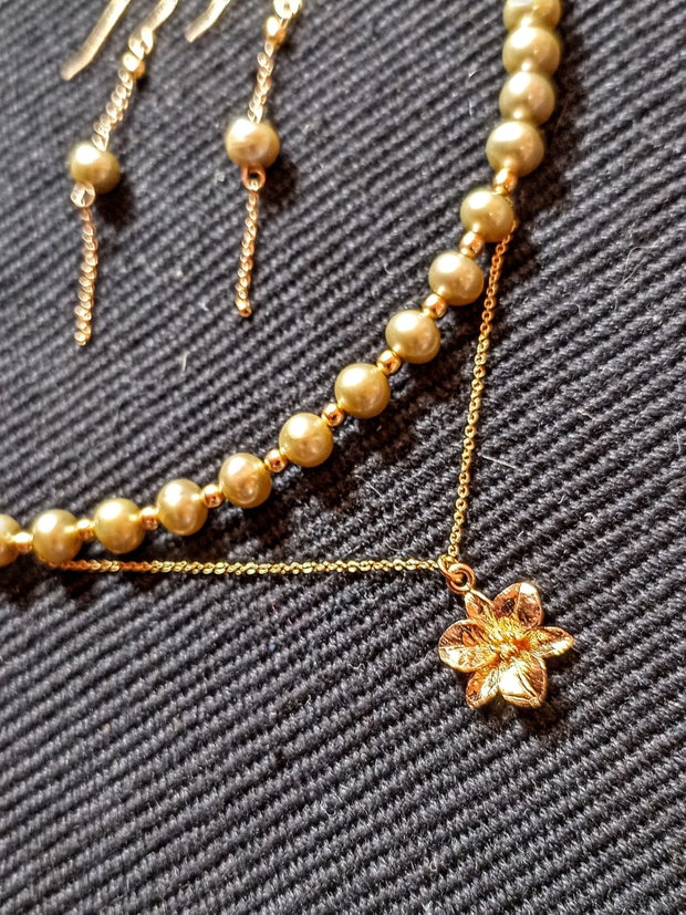 Set vermeil perle naturale de cultura colier cercei lant charm floare argint placat cu aur minimalist boho chic trendy - Transport gratuit