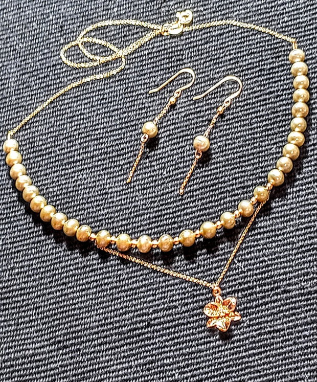 Set vermeil perle naturale de cultura colier cercei lant charm floare argint placat cu aur minimalist boho chic trendy - Transport gratuit