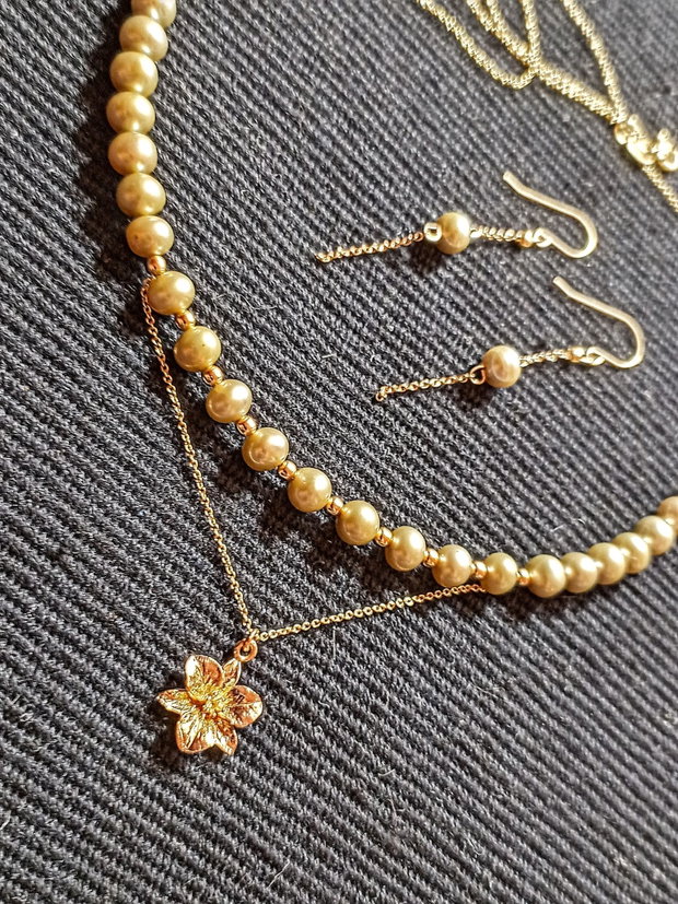 Set vermeil perle naturale de cultura colier cercei lant charm floare argint placat cu aur minimalist boho chic trendy - Transport gratuit