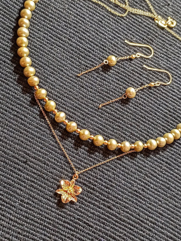 Set vermeil perle naturale de cultura colier cercei lant charm floare argint placat cu aur minimalist boho chic trendy - Transport gratuit