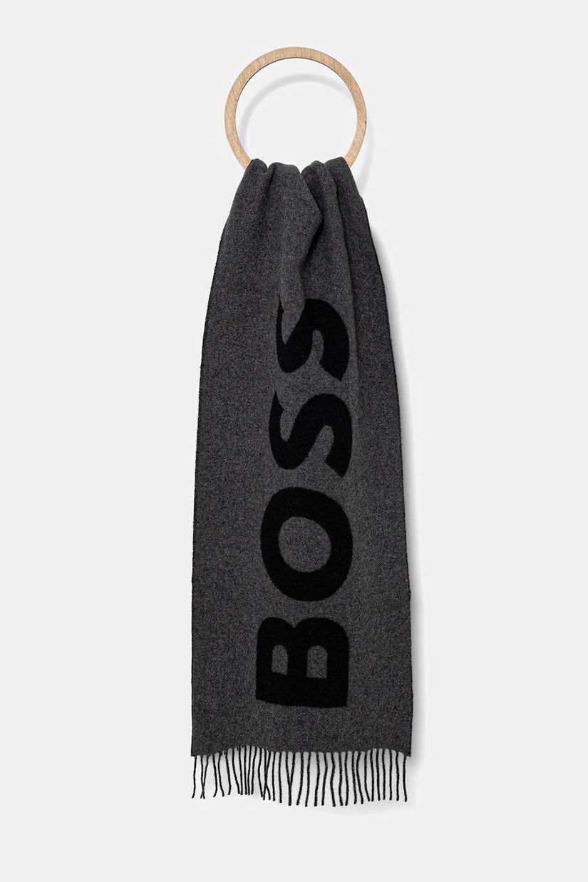 BOSS eșarfă de lână culoarea gri, cu imprimeu, 50527099