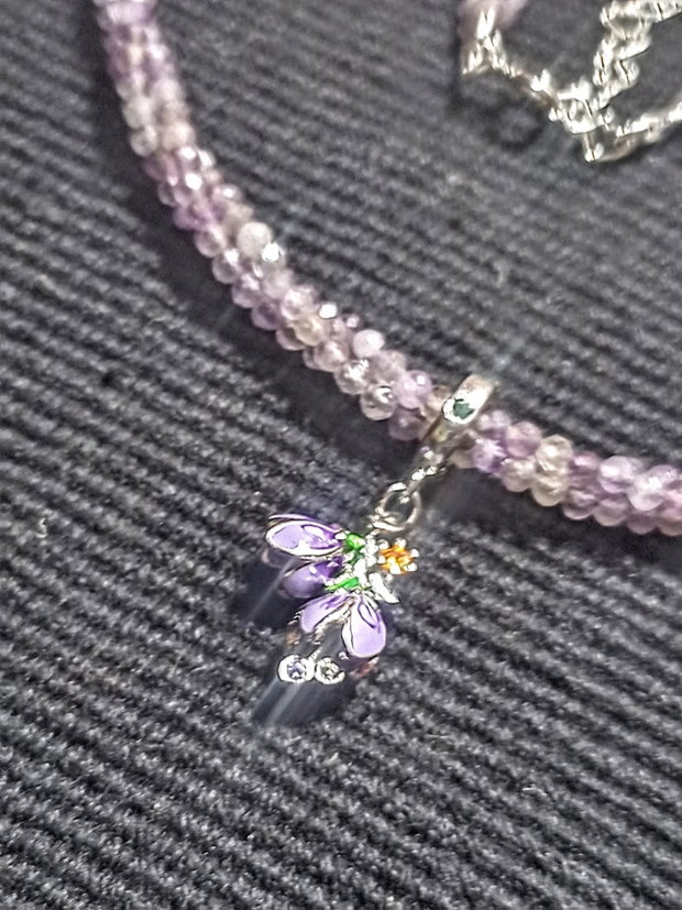 Colier argint X3 ametist charm flori campanula argint emailat minimalist boho chic trendy - Transport gratuit
