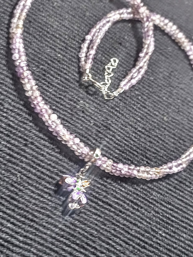 Colier argint X3 ametist charm flori campanula argint emailat minimalist boho chic trendy - Transport gratuit