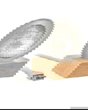 Lampa de birou, glob din sticla, 3D, Led Lampa de veghe, Piksel, suport din lemn, incarcare USB