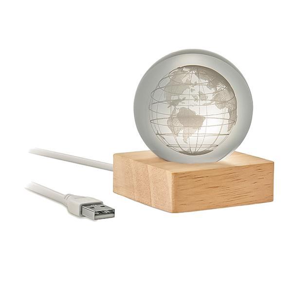 Lampa de birou, glob din sticla, 3D, Led Lampa de veghe, Piksel, suport din lemn, incarcare USB