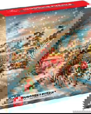 Puzzle 50 din lemn: Sania lui Mos Craciun