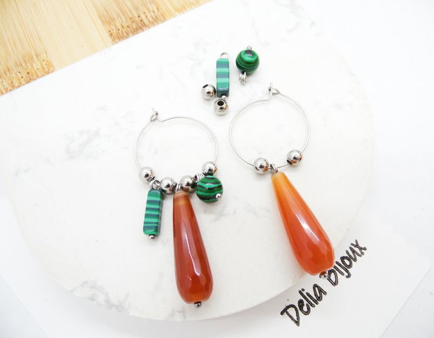 Cercei statement handmade unicat cu agate naturale și malachit 15 combinații într-o singură pereche (cod1302)