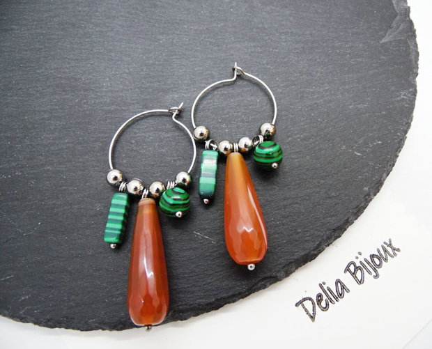 Cercei statement handmade unicat cu agate naturale și malachit 15 combinații într-o singură pereche (cod1302)