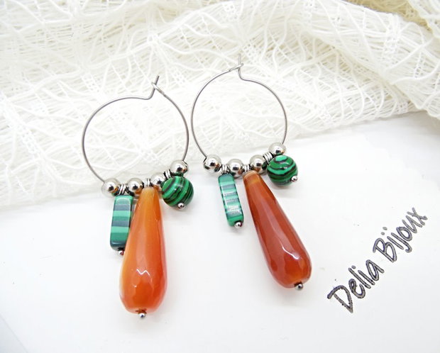 Cercei statement handmade unicat cu agate naturale și malachit 15 combinații într-o singură pereche (cod1302)