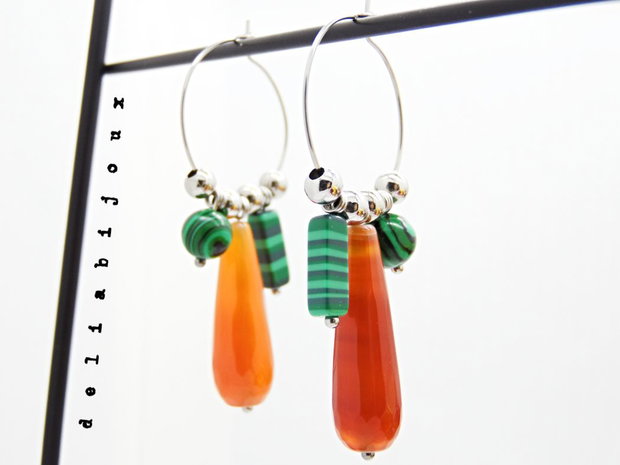 Cercei statement handmade unicat cu agate naturale și malachit 15 combinații într-o singură pereche (cod1302)