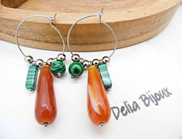Cercei statement handmade unicat cu agate naturale și malachit 15 combinații într-o singură pereche (cod1302)