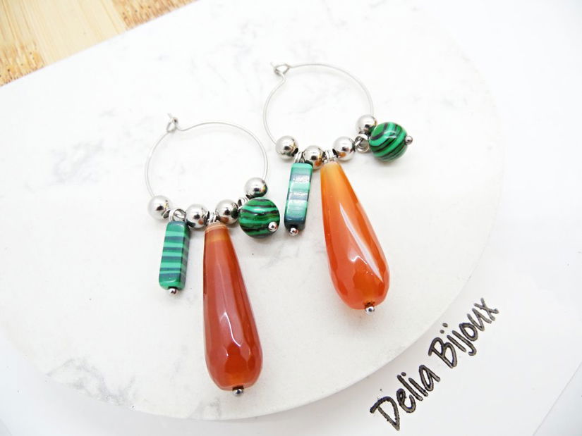 Cercei statement handmade unicat cu agate naturale și malachit 15 combinații într-o singură pereche (cod1301)