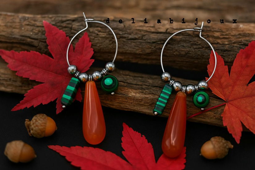Cercei statement handmade unicat cu agate naturale și malachit 15 combinații într-o singură pereche (cod1301)