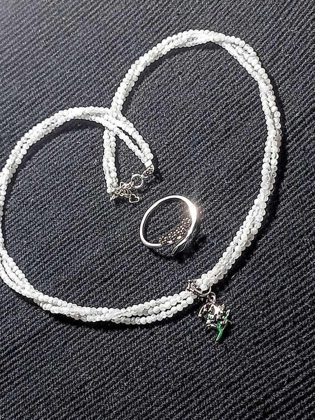 Set argint colier argint X3 piatra lunii charm argint flori lacramioare inel reglabil argint flori lacramioare minimalist boho chic trendy - Transport gratuit