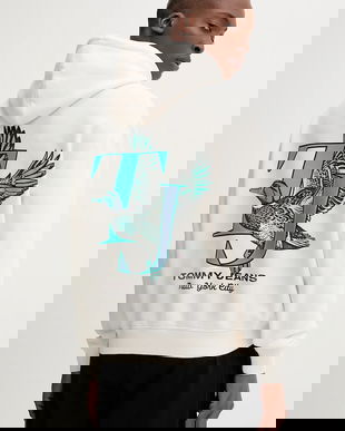 Tommy Jeans bluză culoarea bej, cu glugă, cu imprimeu, DM0DM22088