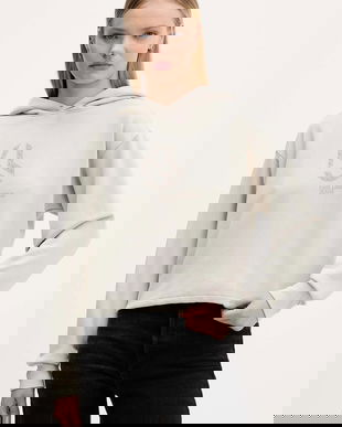 Karl Lagerfeld Jeans hanorac de bumbac culoarea bej, cu glugă, cu imprimeu, A4W20004