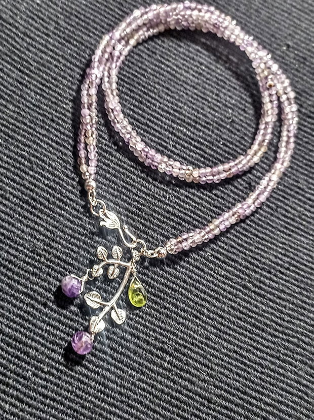 Colier argint X3 ametist peridot charm ramura frunze inchidere frontala minimalist boho chic trendy - Transport gratuit