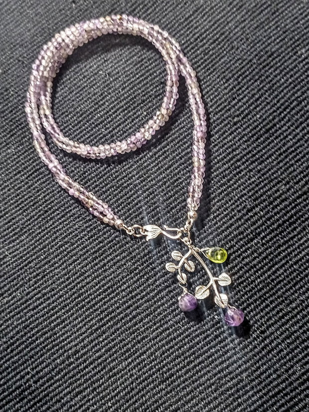 Colier argint X3 ametist peridot charm ramura frunze inchidere frontala minimalist boho chic trendy - Transport gratuit