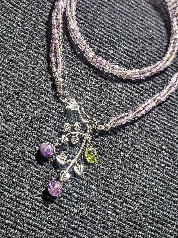 Colier argint X3 ametist peridot charm ramura frunze inchidere frontala minimalist boho chic trendy - Transport gratuit