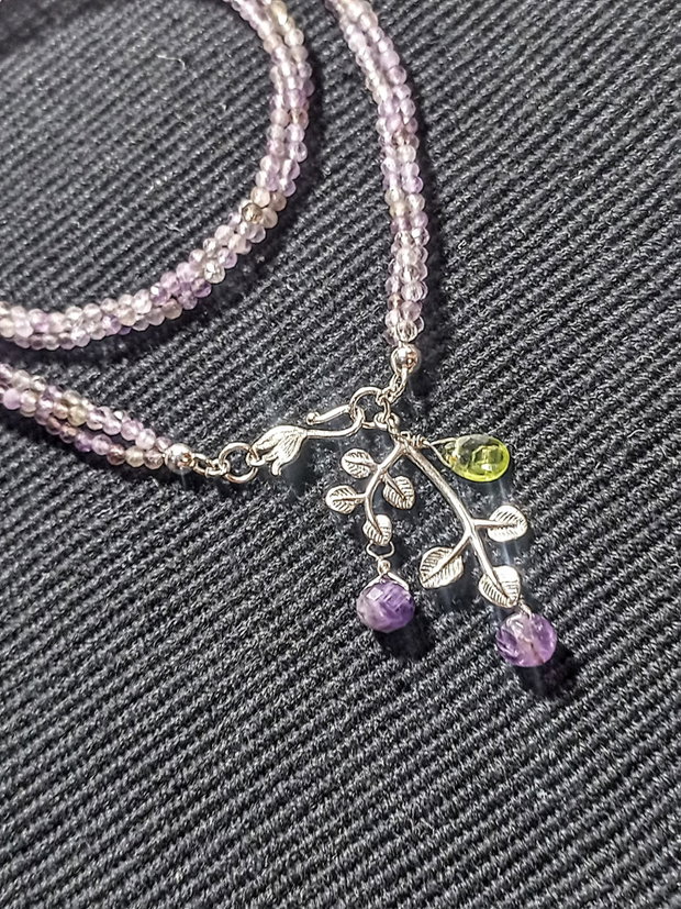 Colier argint X3 ametist peridot charm ramura frunze inchidere frontala minimalist boho chic trendy - Transport gratuit