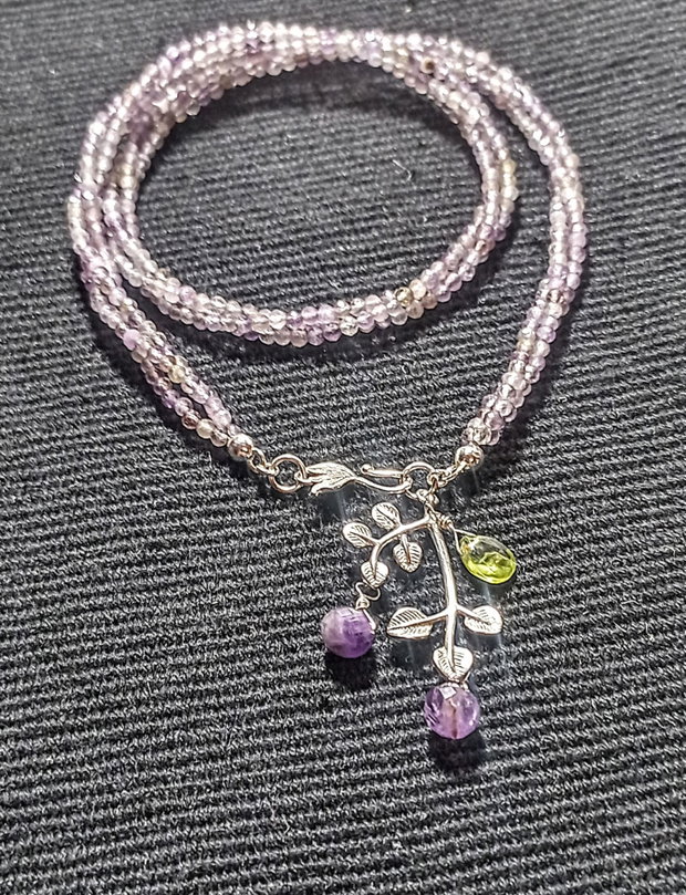 Colier argint X3 ametist peridot charm ramura frunze inchidere frontala minimalist boho chic trendy - Transport gratuit