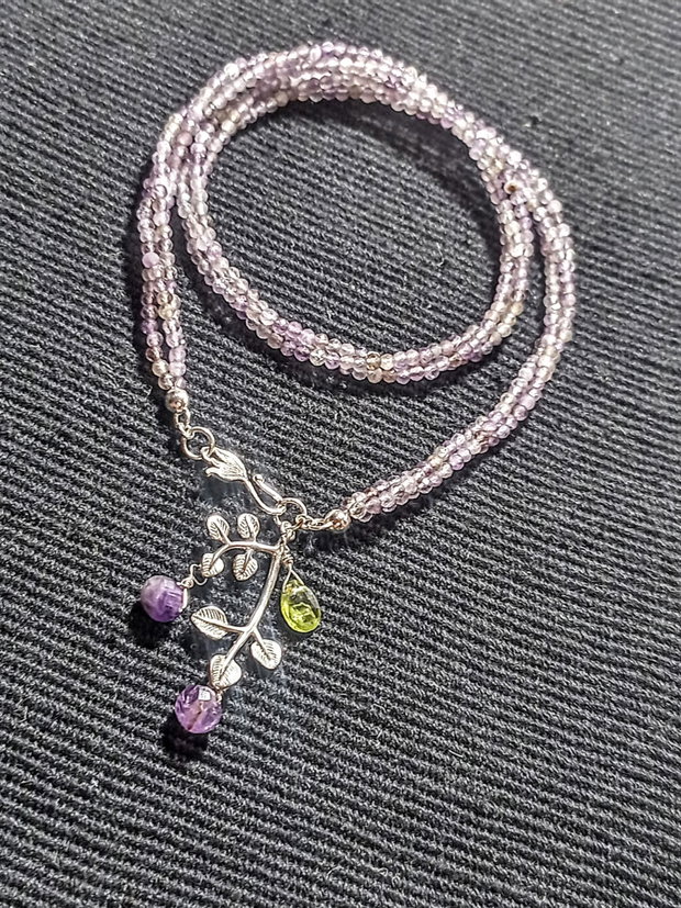 Colier argint X3 ametist peridot charm ramura frunze inchidere frontala minimalist boho chic trendy - Transport gratuit