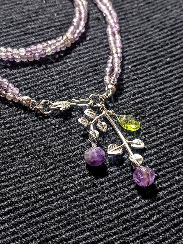 Colier argint X3 ametist peridot charm ramura frunze inchidere frontala minimalist boho chic trendy - Transport gratuit