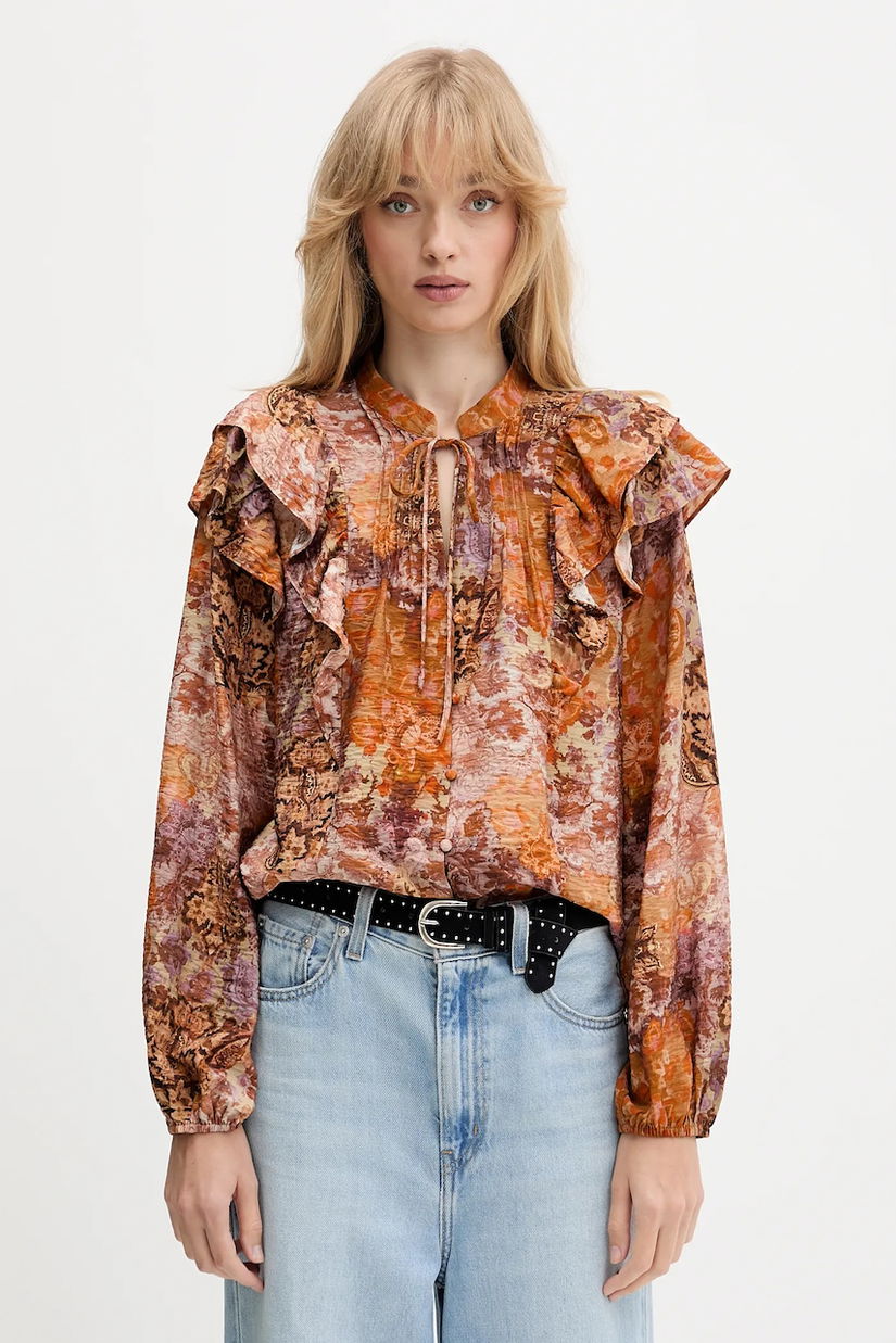 Desigual cămașă ROMANTICA culoarea portocaliu, cu un decolteu legat, regular, 25WWBW08