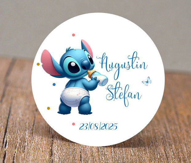 Etichete rotunde mărturii botez băieței tematica Stitch