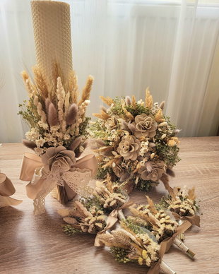 Lumanari nunta fagure 35x 6 cm si Buchet 20 cm cu flori uscate si stabilizate