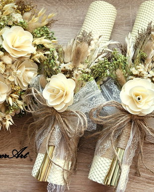 Lumanari nunta fagure 35x 6 cm si Buchet 20 cm cu flori uscate si stabilizate