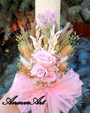 Lumanare botez/nunta 35x 6 cm cu flori criogenate si uscate