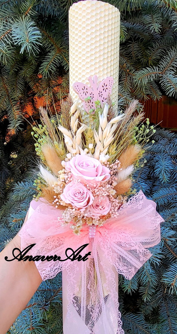 Lumanare botez/nunta 35x 6 cm cu flori criogenate si uscate