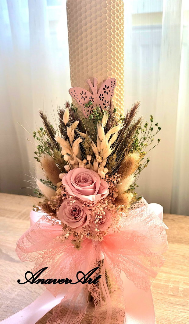Lumanare botez/nunta 35x 6 cm cu flori criogenate si uscate