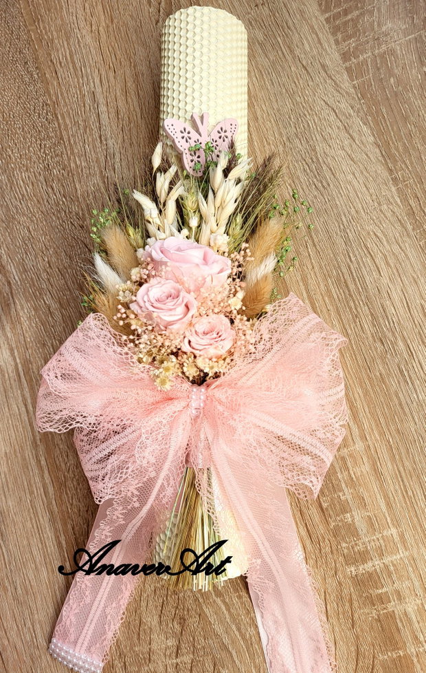 Lumanare botez/nunta 35x 6 cm cu flori criogenate si uscate