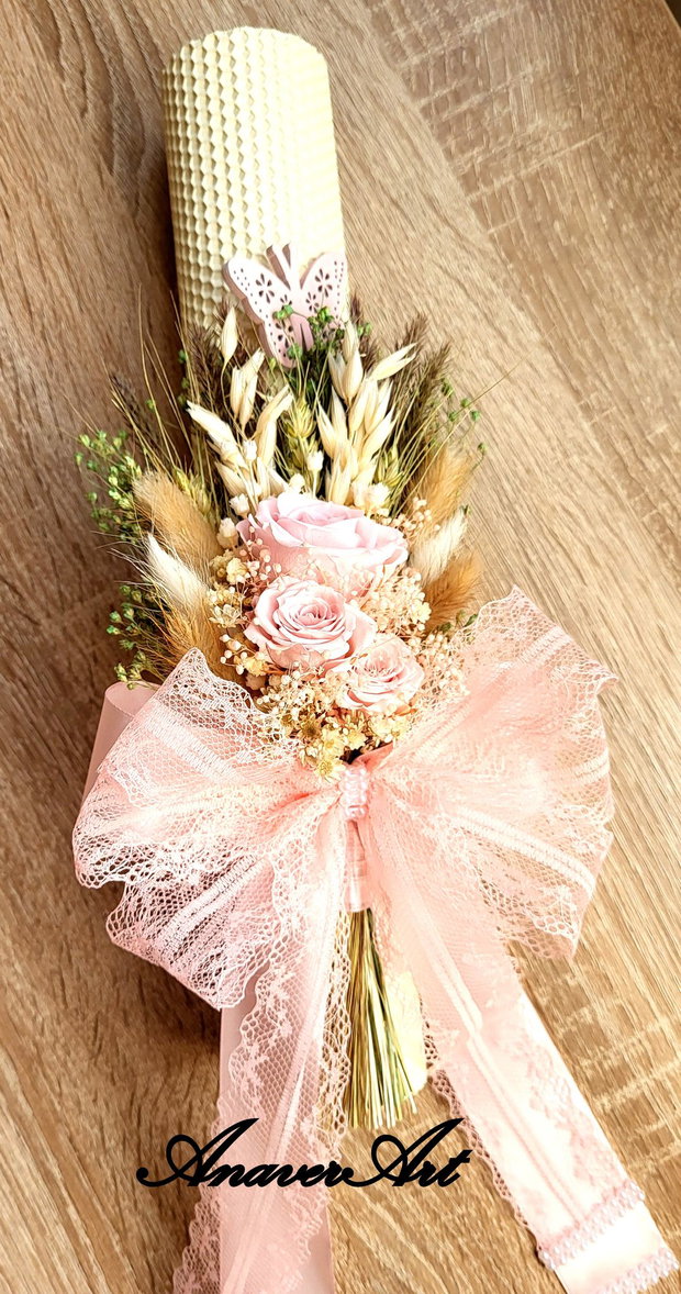 Lumanare botez/nunta 35x 6 cm cu flori criogenate si uscate
