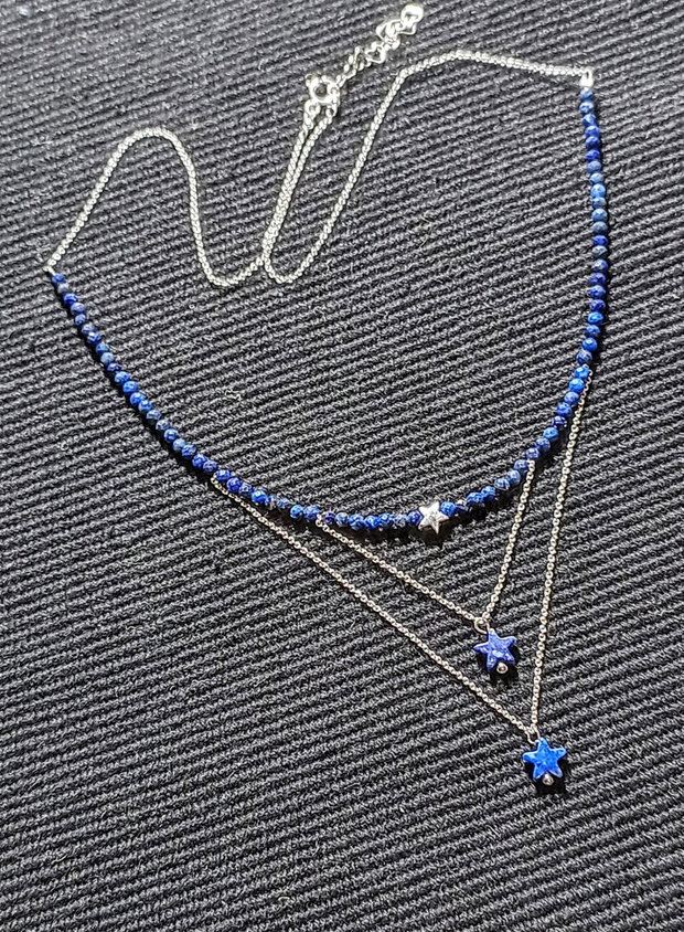 Colier argint lapis lazuli stele lant argint minimalist boho chic trendy - Transport gratuit