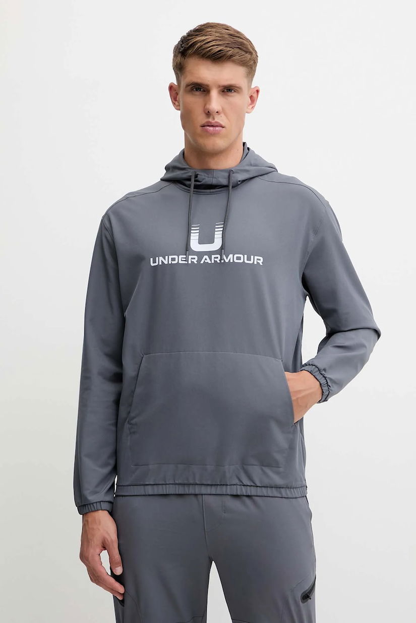 Under Armour bluză Unstoppable culoarea gri, cu glugă, cu imprimeu, 6003864