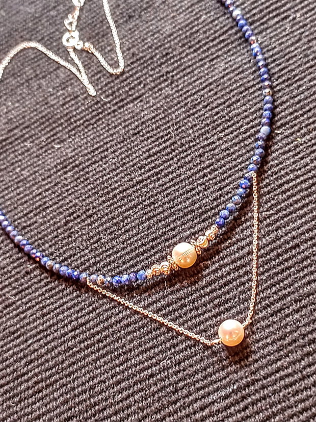 Colier argint lapis lazuli perle naturale de cultura lant argint minimalist boho chic trendy - Transport gratuit