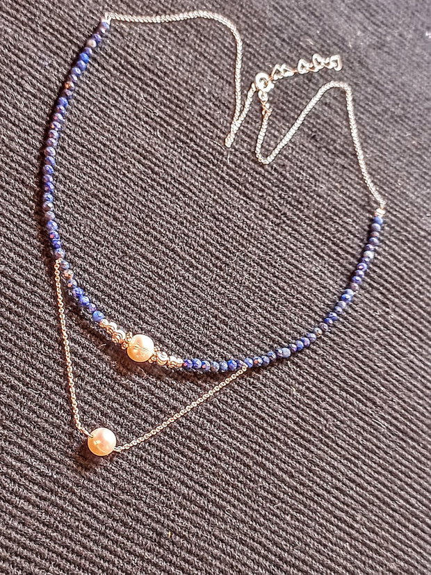 Colier argint lapis lazuli perle naturale de cultura lant argint minimalist boho chic trendy - Transport gratuit