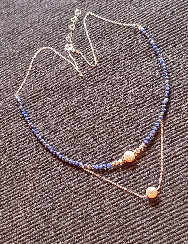 Colier argint lapis lazuli perle naturale de cultura lant argint minimalist boho chic trendy - Transport gratuit