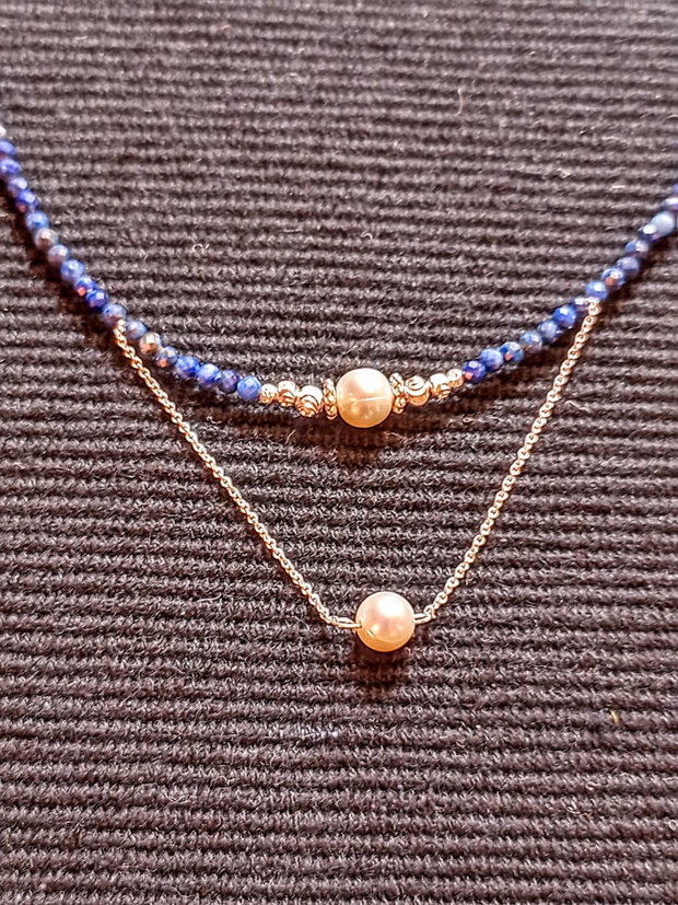 Colier argint lapis lazuli perle naturale de cultura lant argint minimalist boho chic trendy - Transport gratuit