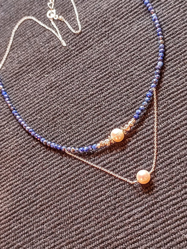 Colier argint lapis lazuli perle naturale de cultura lant argint minimalist boho chic trendy - Transport gratuit