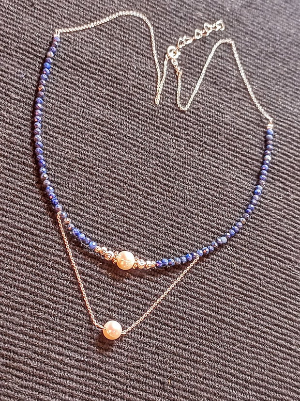 Colier argint lapis lazuli perle naturale de cultura lant argint minimalist boho chic trendy - Transport gratuit
