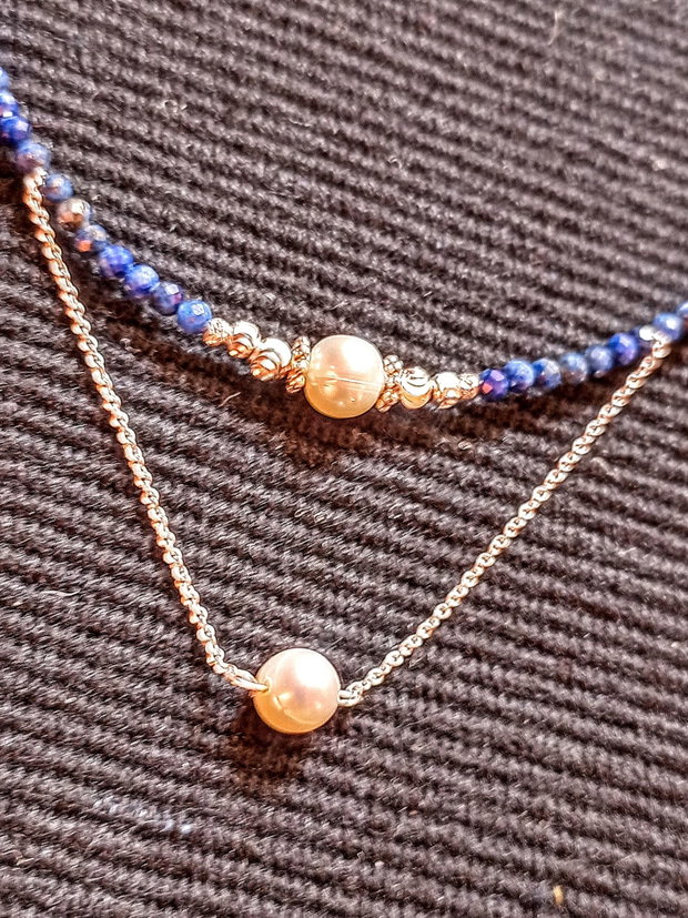 Colier argint lapis lazuli perle naturale de cultura lant argint minimalist boho chic trendy - Transport gratuit