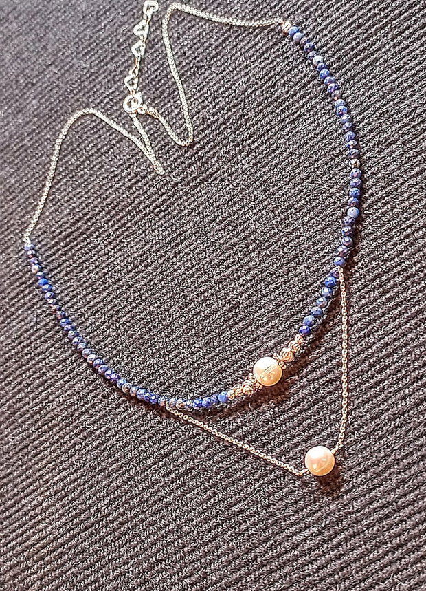 Colier argint lapis lazuli perle naturale de cultura lant argint minimalist boho chic trendy - Transport gratuit