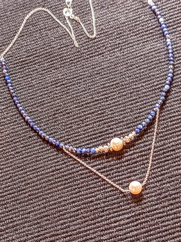 Colier argint lapis lazuli perle naturale de cultura lant argint minimalist boho chic trendy - Transport gratuit