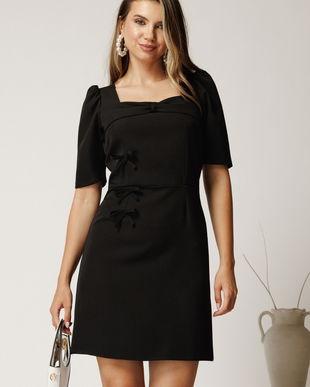 Rochie scurta neagra din stofa cu fundite