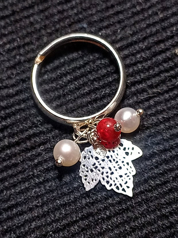 Inel argint opal de foc etiopian rosu perle naturale de cultura charm frunza minimalist boho chic trendy - Transport gratuit