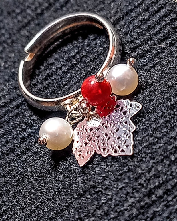 Inel argint opal de foc etiopian rosu perle naturale de cultura charm frunza minimalist boho chic trendy - Transport gratuit